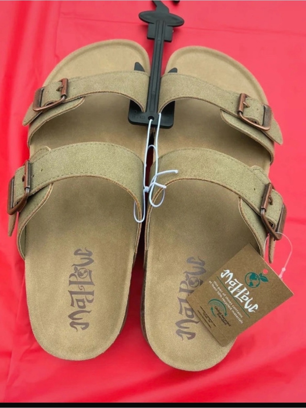 NWT-9 1/2. 10. Wide Double-Buckle Suede Sandals in Tan